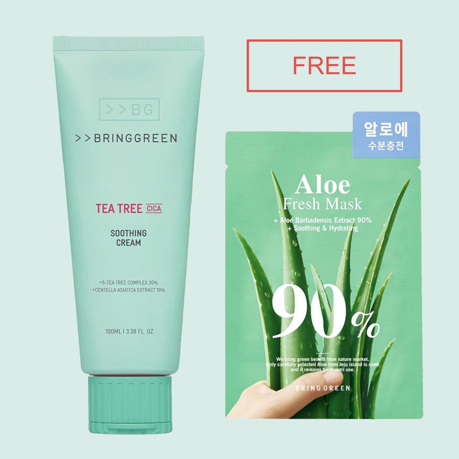 BRING GREEN Tea Tree CICA Soothing Cream & Free Aloe 90% Fresh Mask 1Pcs Set
