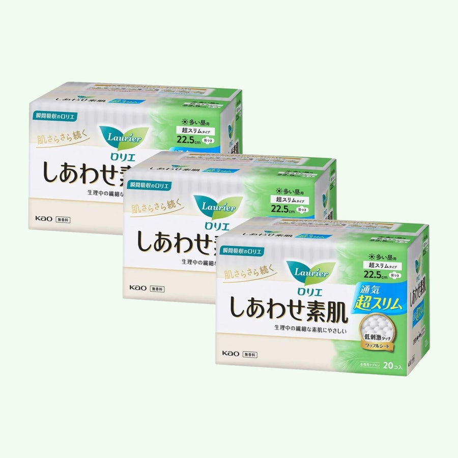 KAO LAURIER F Sanitary Pad Wing for Daytime Soft Sensitive Skin 22.5cm*20 Pads (3 PACK)