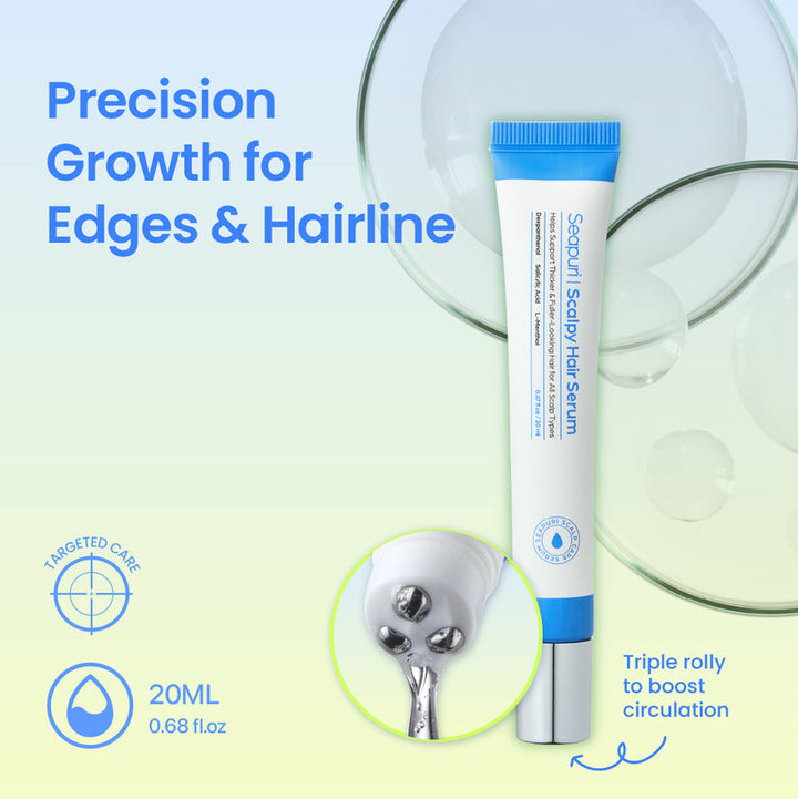 Water-light, non-sticky texture of SEAPURI scalp ampoule absorbing quickly into the skin without leaving hair greasy.