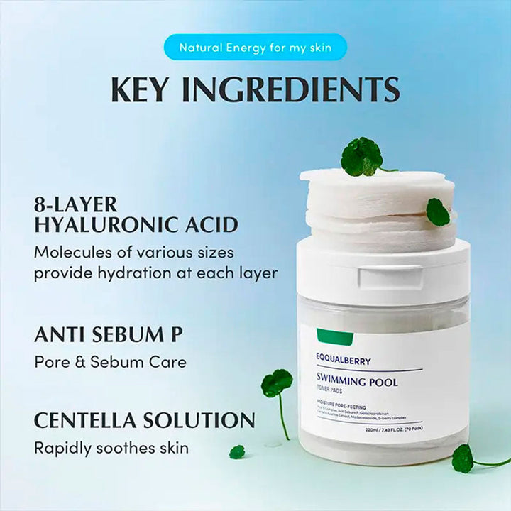 Eqqualberry Swimming Pool Toner Pads Hyaluronic Acid Moisturizing 220ml 70 sheets
