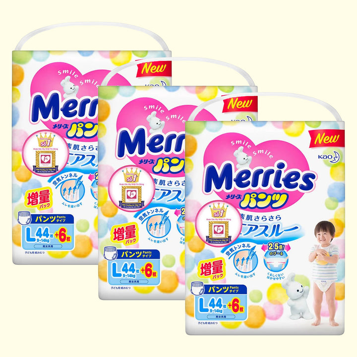 KAO Merries Baby Diaper Pants Type No Tape Size L (9-14Kg) 44+6Pcs (3 Bag)