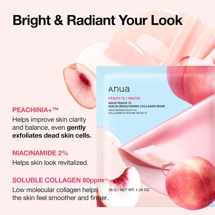 ANUA Peach 70 Niacin Brightening Collagen Mask 4Pcs