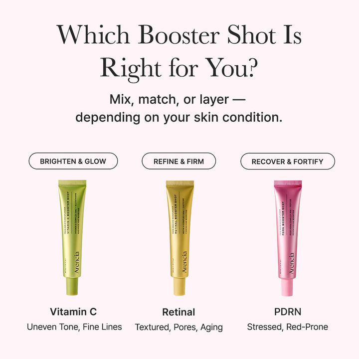 Three skincare booster shots with labels for different skin conditions on a white background.