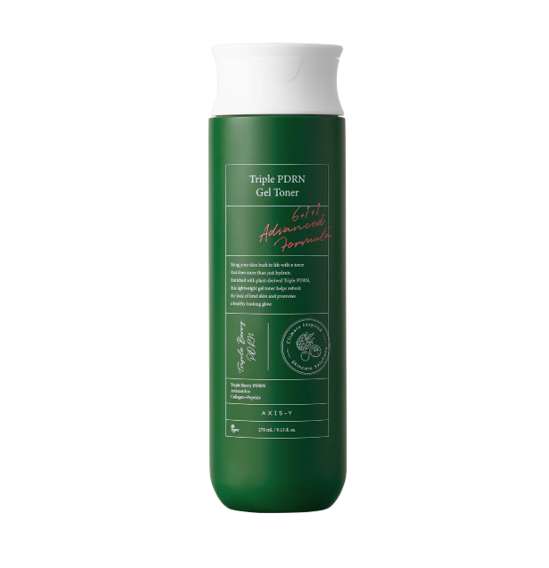A 250 ml bottle of Axis Beauty Triple FDRN Gel Toner, featuring a deep forest green body and a white flip-top cap, shown against a solid white background.
