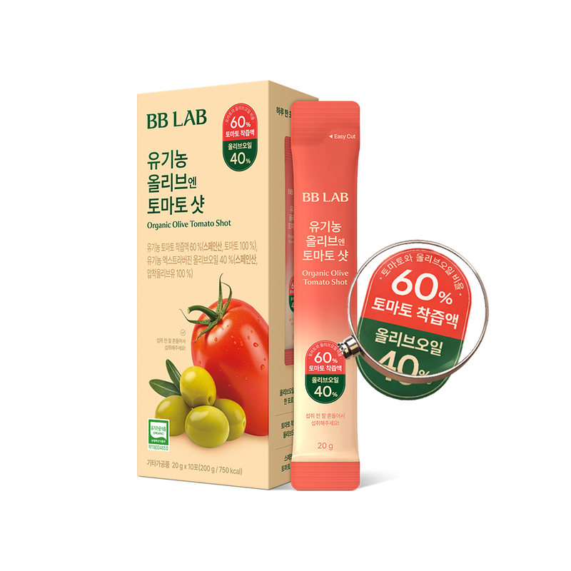 BB LAB organic olive tomato shot packaging with a close-up of the product on a white background