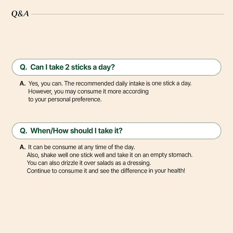 Q&A section on a beige background with text about taking sticks daily.