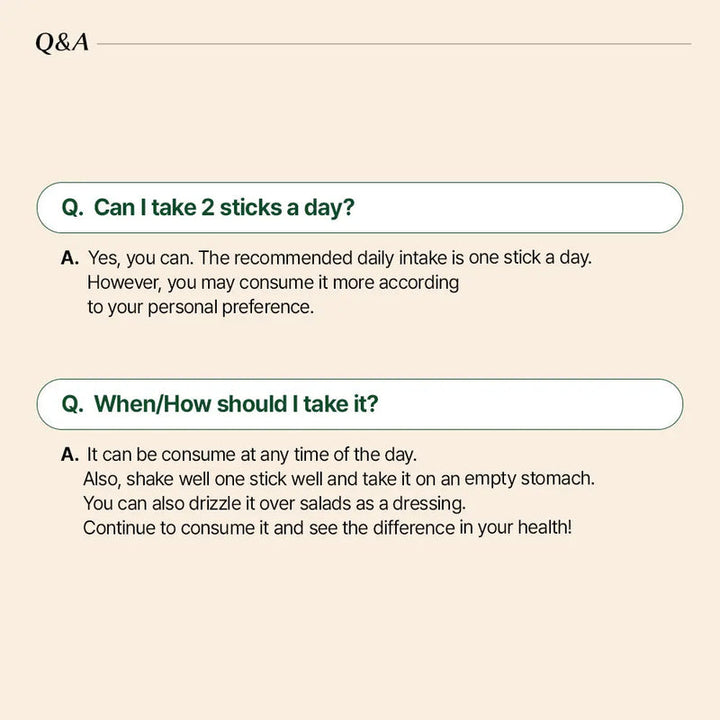 Q&A section on a beige background with text about taking sticks daily.