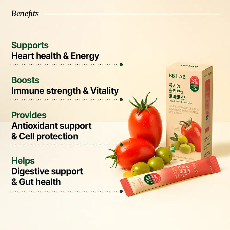 BB LAB product with tomatoes and olives on a beige background, highlighting health benefits.