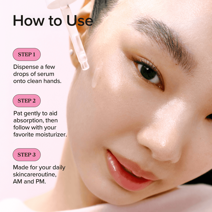 Cosmetic serum application guide with a close-up of a woman's face.