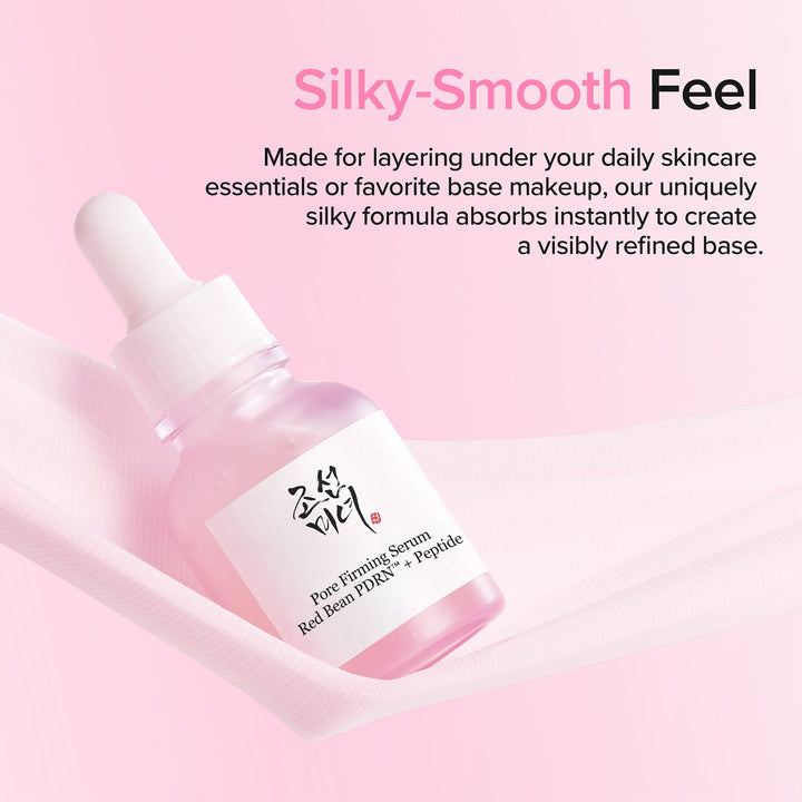 BEAUTY OF JOSEON Pore Firming Serum with dropper on a pink background, featuring text about silky-smooth feel.