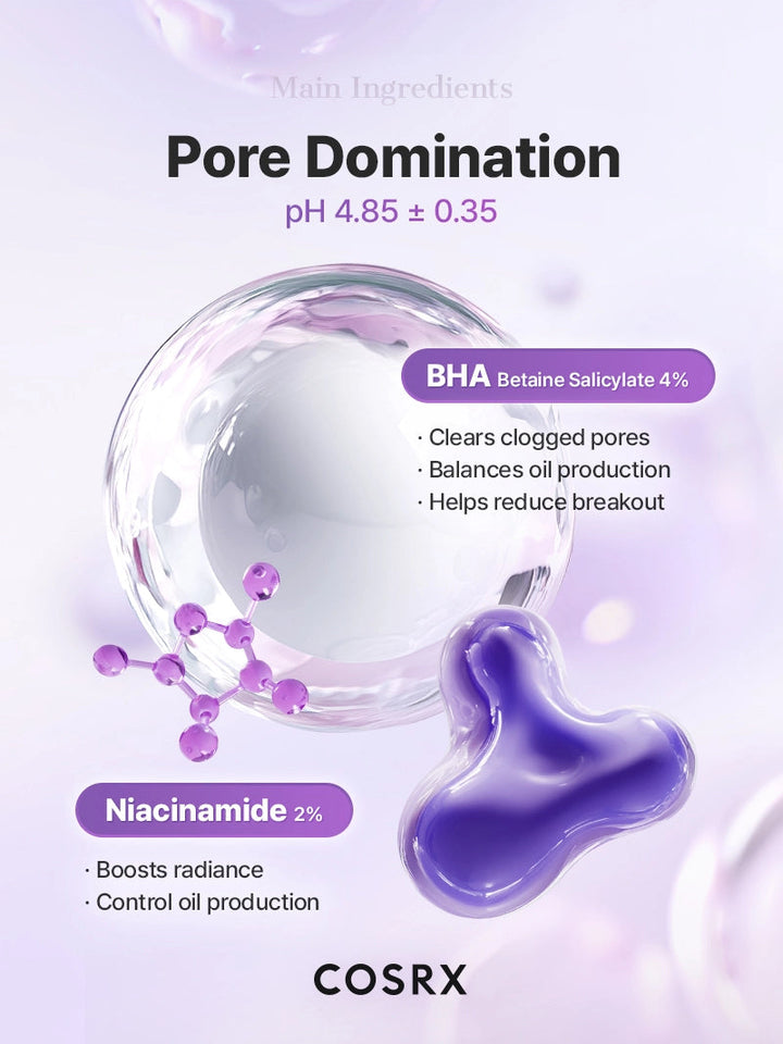 cosrx bha blackhead power liquid with BHA and Niacinamide ingredients on a purple background