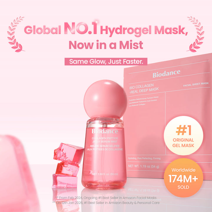 Biodance hydrogel mask packaging with pink bottle and sheet mask on a light pink background