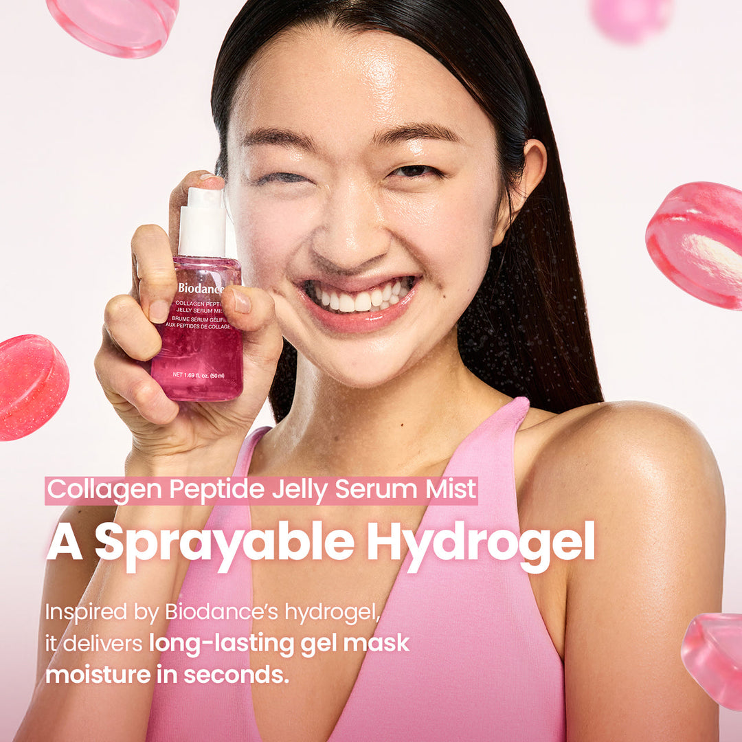 Woman holding a bottle of Bioidance Collagen Peptide Jelly Serum Mist with product packaging in the background.
