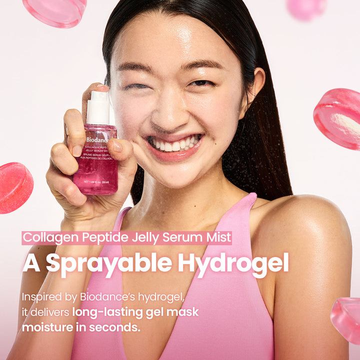 Woman holding a bottle of Bioidance Collagen Peptide Jelly Serum Mist with product packaging in the background.