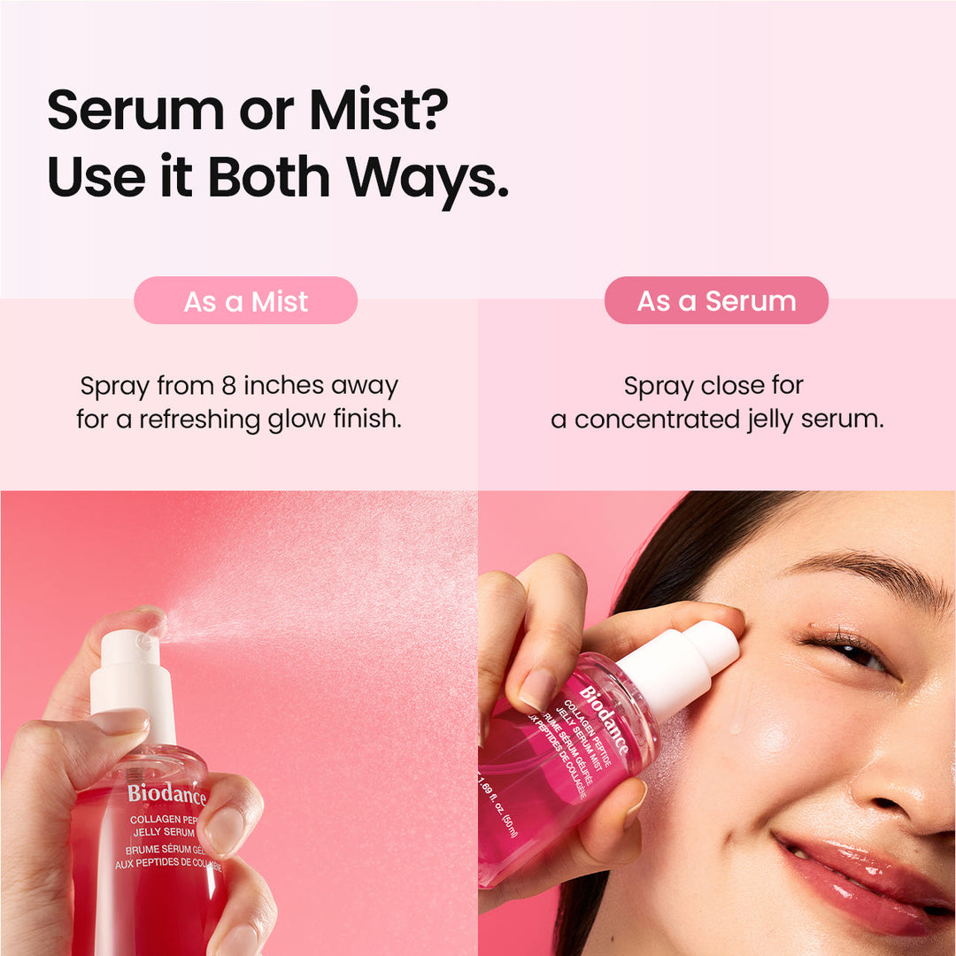biodance serum or mist product with usage instructions and a person applying it to their face.