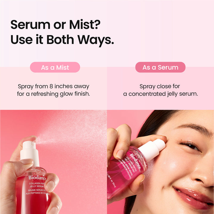 biodance serum or mist product with usage instructions and a person applying it to their face.