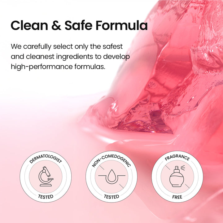 Product packaging with 'Clean & Safe Formula' text and icons on a pink background