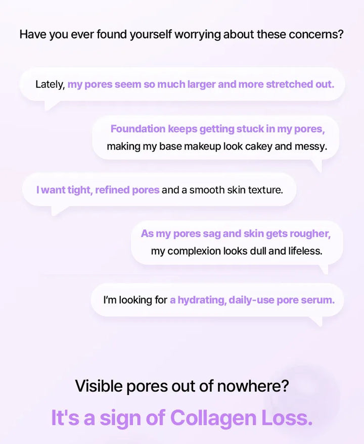 A digital informational graphic with a light lavender background, featuring text and speech bubbles about visible pores and collagen loss, with no physical product shown.