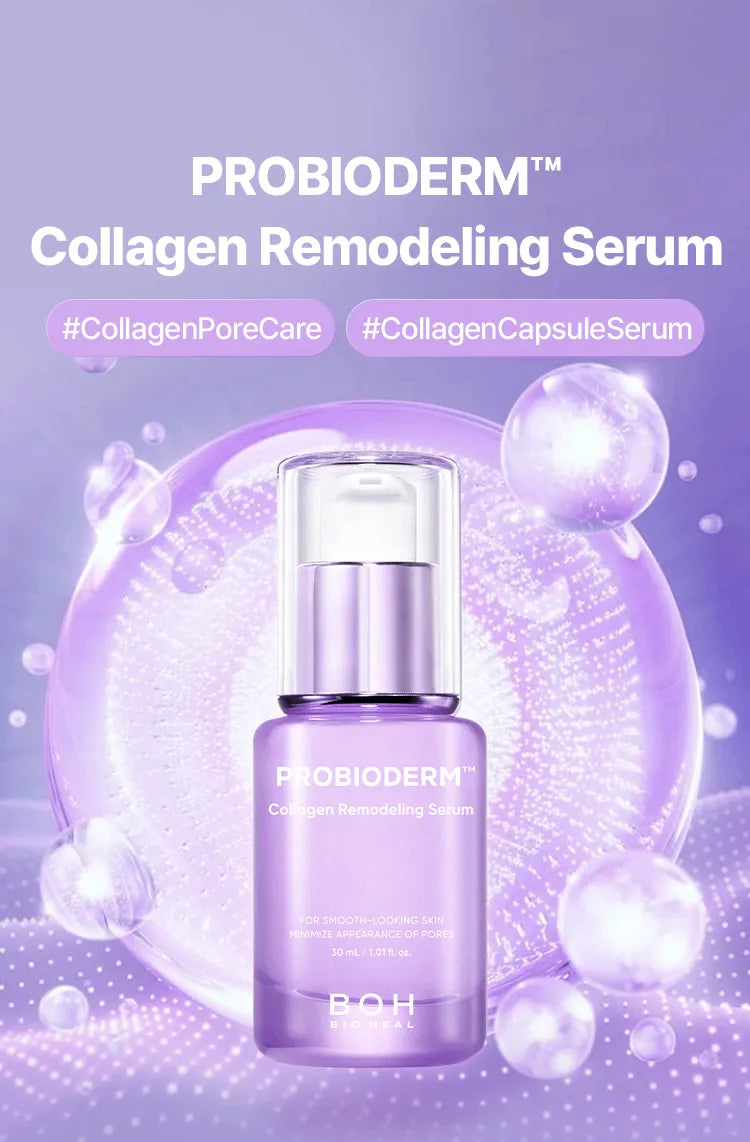 A bottle of PROBIODERM Collagen Remodeling Serum centered on a purple gradient background with floating translucent bubbles. The product bottle is lavender purple with a clear cap, and the image includes the text 'PROBIODERM Collagen Remodeling Serum' and hashtags '#CollagenPoreCare' and '#CollagenCapsuleSerum'.
