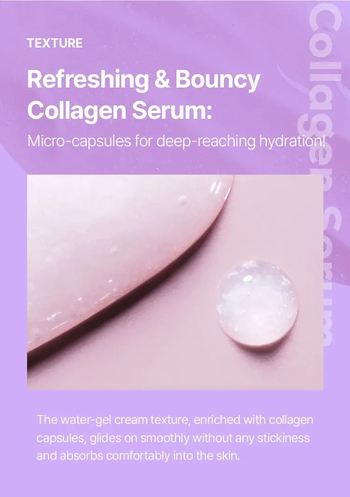 Promotional graphic for Collagen Serum with text reading 'Refreshing & Bouncy Collagen Serum' and a central close-up of a pale pink cream product texture with a clear gel droplet on a lavender background.