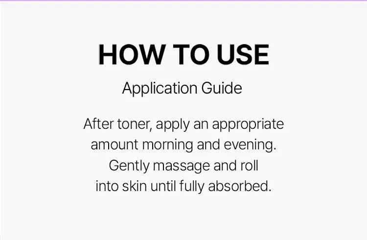 A simple instructional graphic with the heading 'HOW TO USE' and the subtitle 'Application Guide' on a light gray background. The text reads: 'After toner, apply an appropriate amount morning and evening.