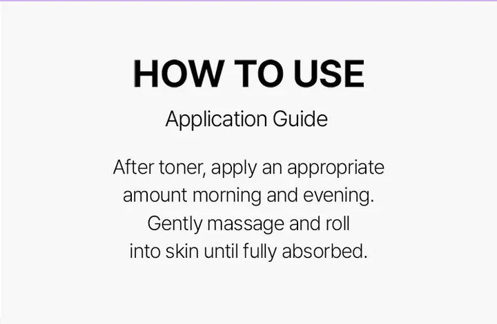 A simple instructional graphic with the heading 'HOW TO USE' and the subtitle 'Application Guide' on a light gray background. The text reads: 'After toner, apply an appropriate amount morning and evening.