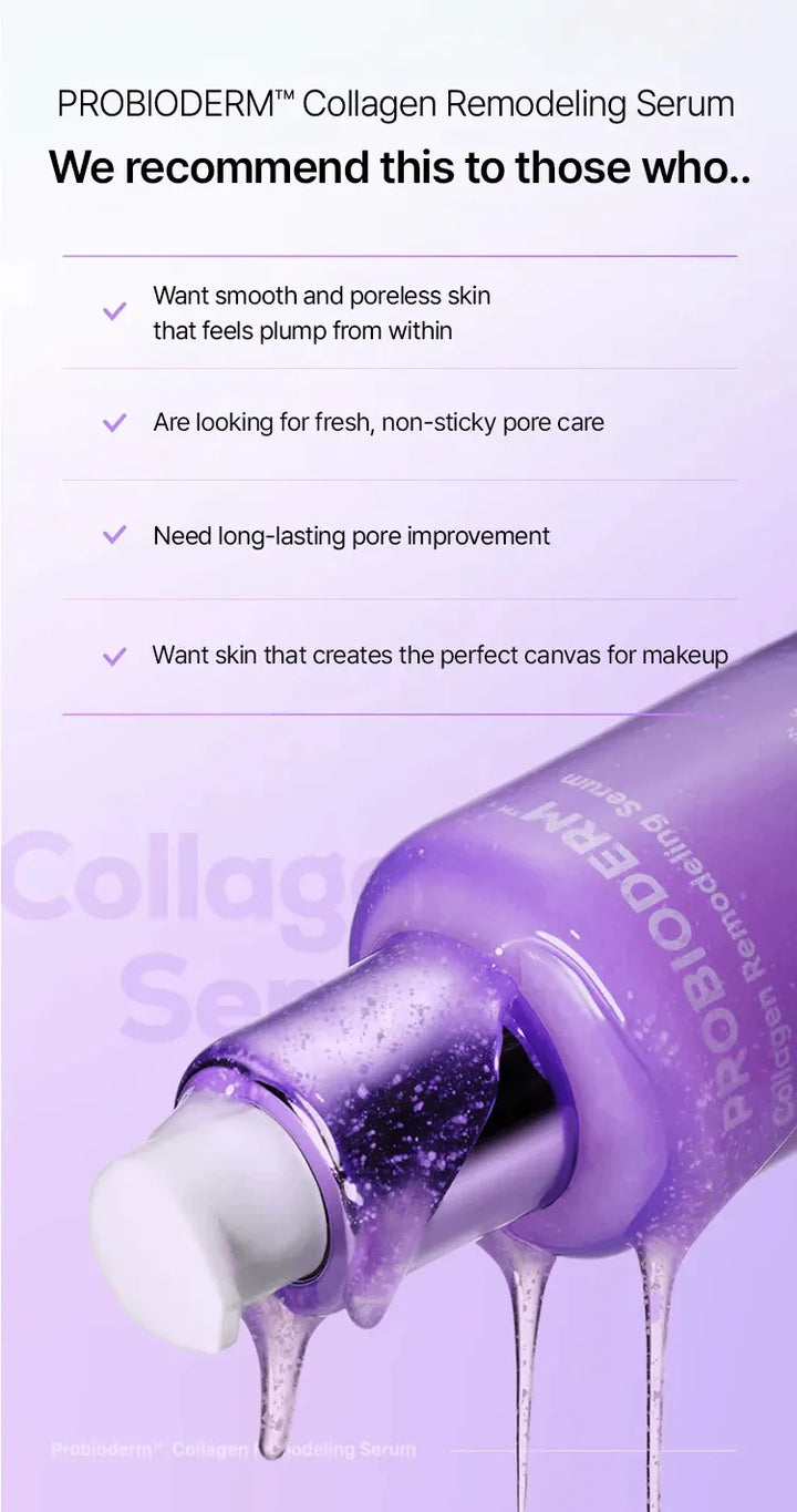 Promotional graphic for PROBIODERM Collagen Remodeling Serum on a light lavender background. The image features a close-up of the purple bottle with a dripping applicator, accompanied by marketing text listing skin benefits such as smooth, poreless skin and long-lasting pore improvement.