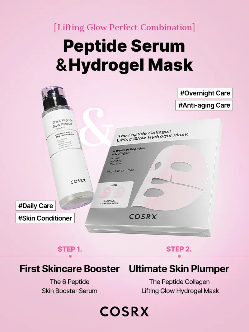 Cosrx Peptide Serum and Hydrogel Mask set on a pink background with product details.
