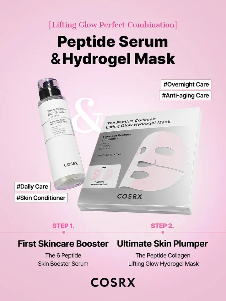 Cosrx Peptide Serum and Hydrogel Mask set on a pink background with product details.