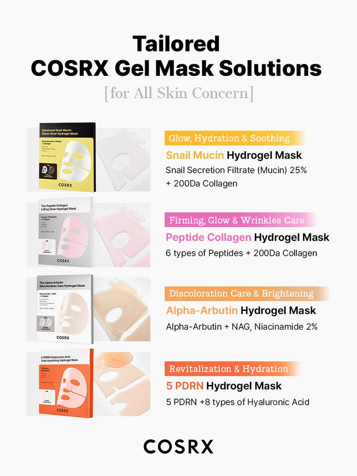 COSRX gel mask solutions with product images and descriptions on a white background
