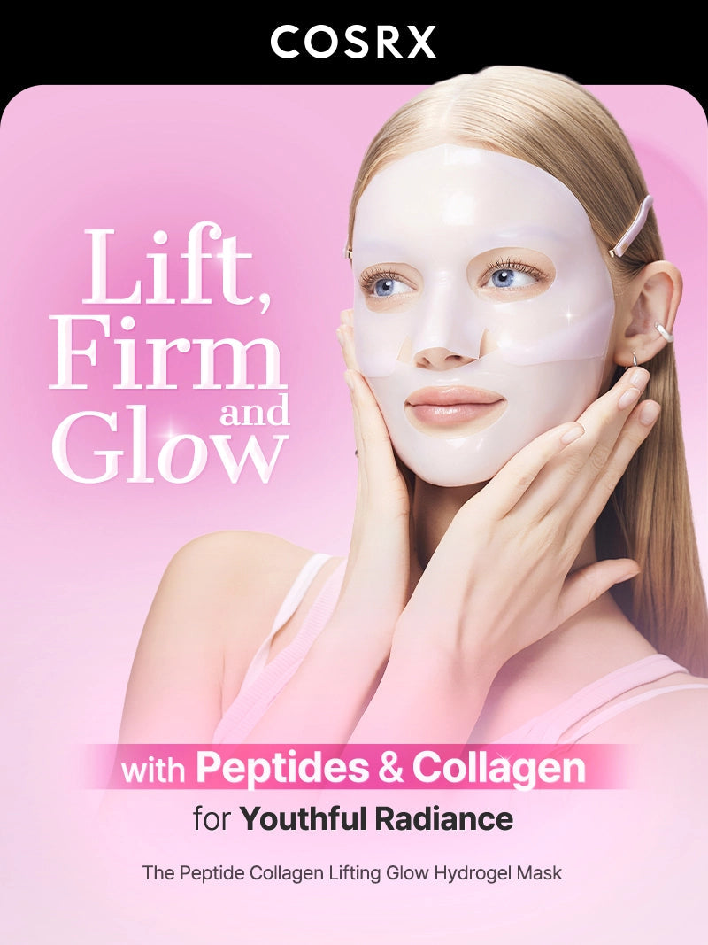 Cosrx face mask packaging with a model wearing the mask on a pink background