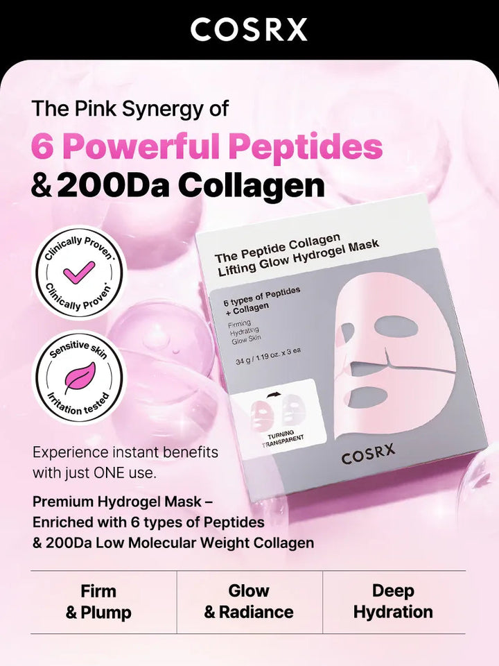 Cosrx hydrogel mask packaging with pink synergetic peptides and collagen benefits.