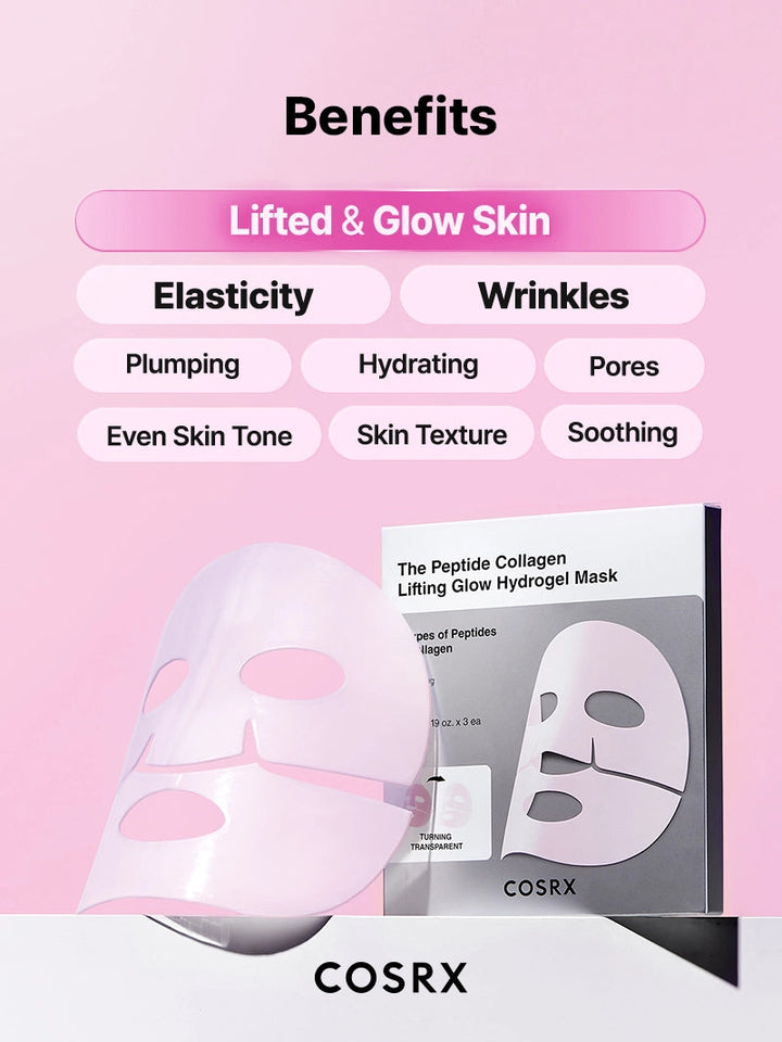 Cosrx Peptide Collagen Lifting Glow Hydrogel Mask with benefits listed on a pink background