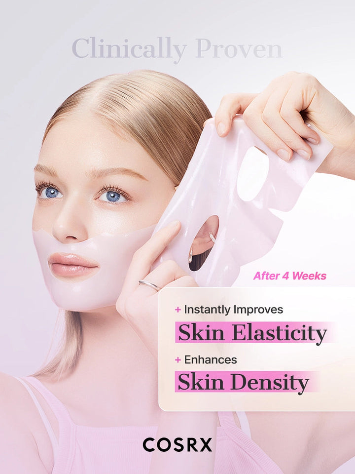 Woman holding a face mask with COSRX branding and text about skin elasticity and density improvement.