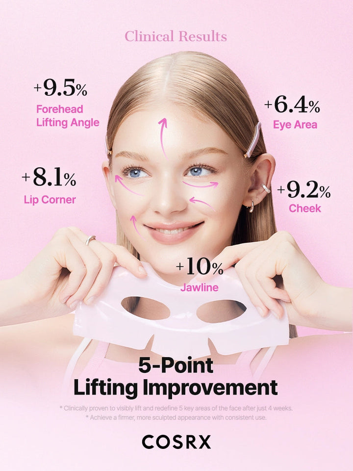 Cosrx advertisement showing a woman with marked lifting improvements on her face against a pink background