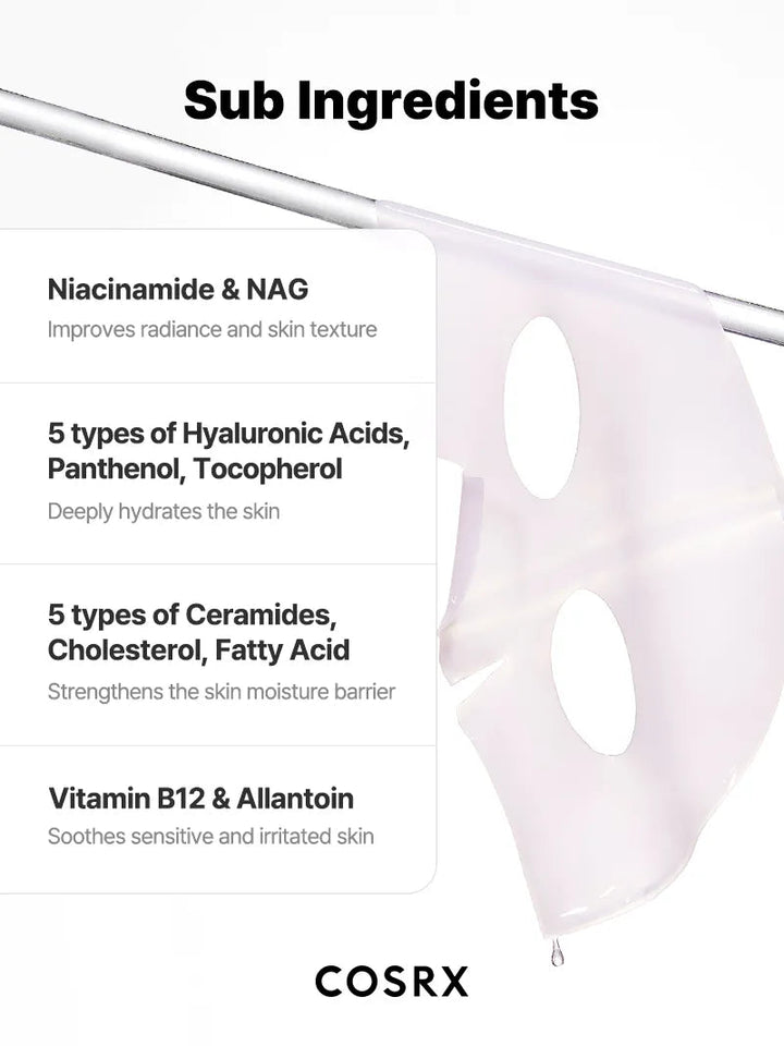 Cosrx skincare mask with listed sub-ingredients on a white background