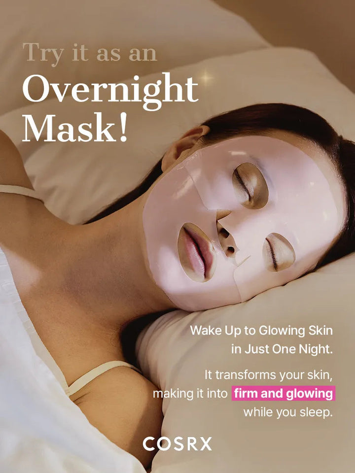 Person wearing a COSRX face mask with promotional text about overnight skin improvement.