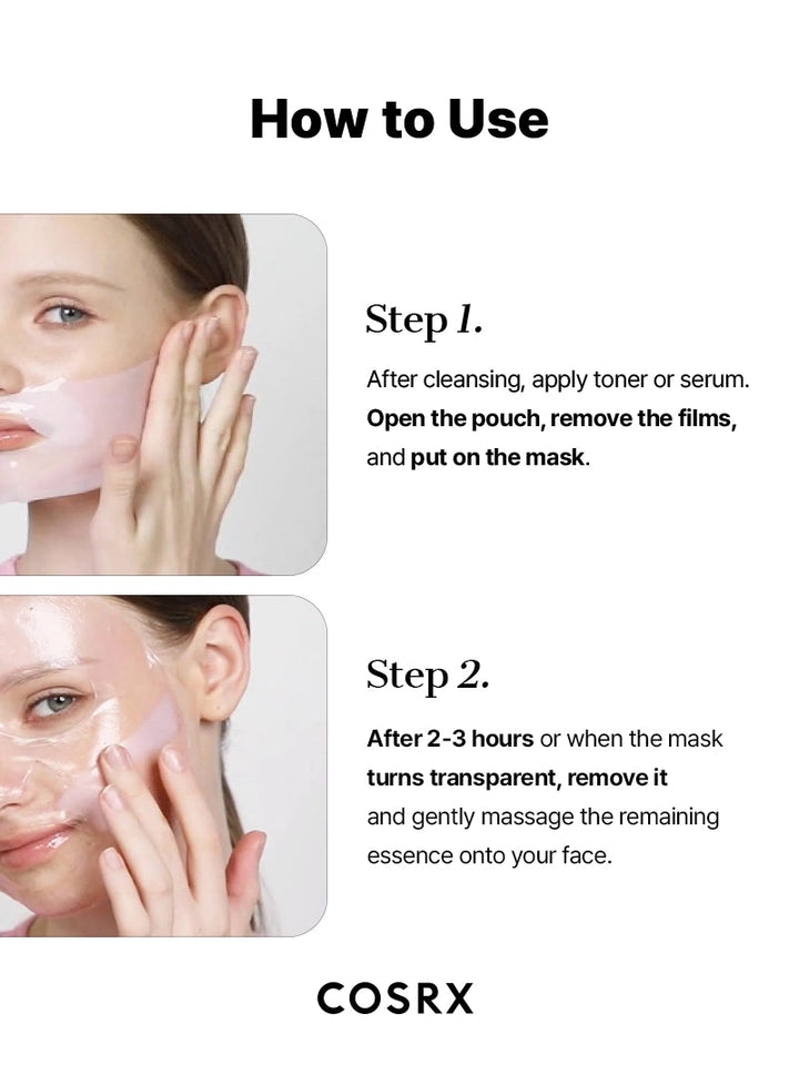 Cosrx mask application instructions with step-by-step guide and product name.