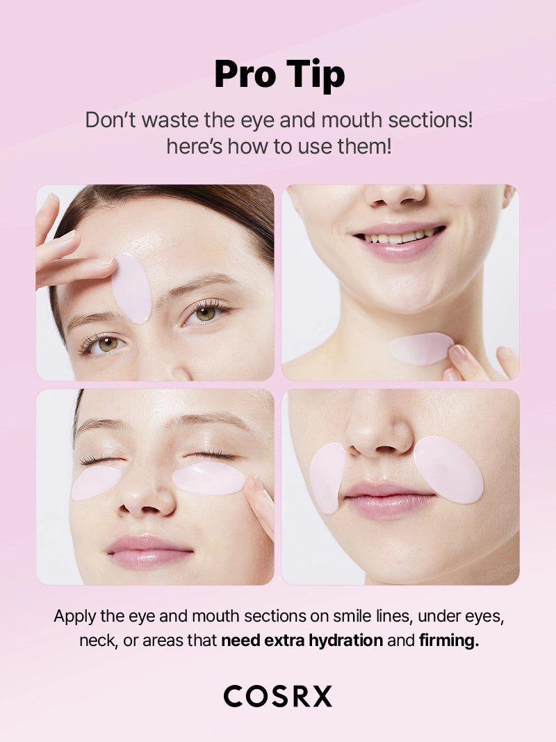 Cosrx product usage guide with close-up images of a woman applying eye and mouth patches on a pink background.