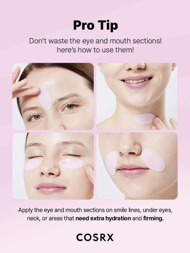 Cosrx product usage guide with close-up images of a woman applying eye and mouth patches on a pink background.