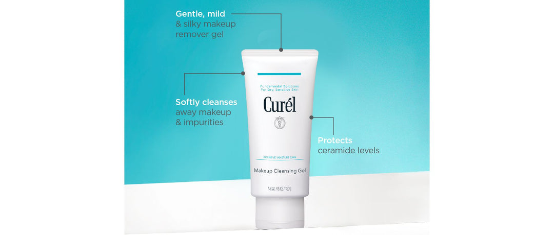 Curel makeup remover gel tube with features on a blue and white background