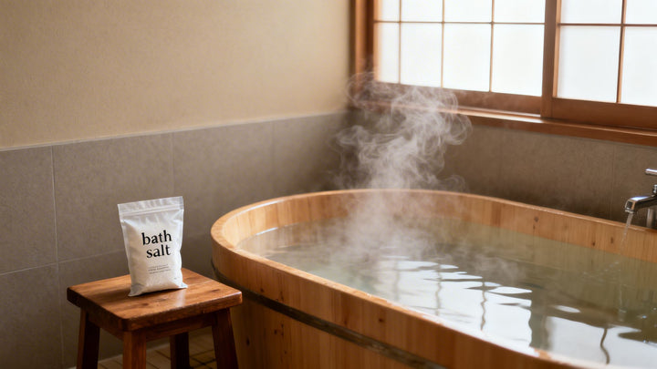 A white bag of bath salt labeled 'bath salt' sits on a wooden stool beside a steaming wooden bath tub in a warm-toned bathroom with a window.