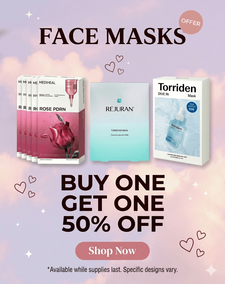 Promotional graphic for face masks with three product boxes shown against a pastel pink and lavender background with clouds and heart doodles. The products include Rejuran Turmeric Mask, a pink Medheal mask pack, and a Torriden Dive In Mask.
