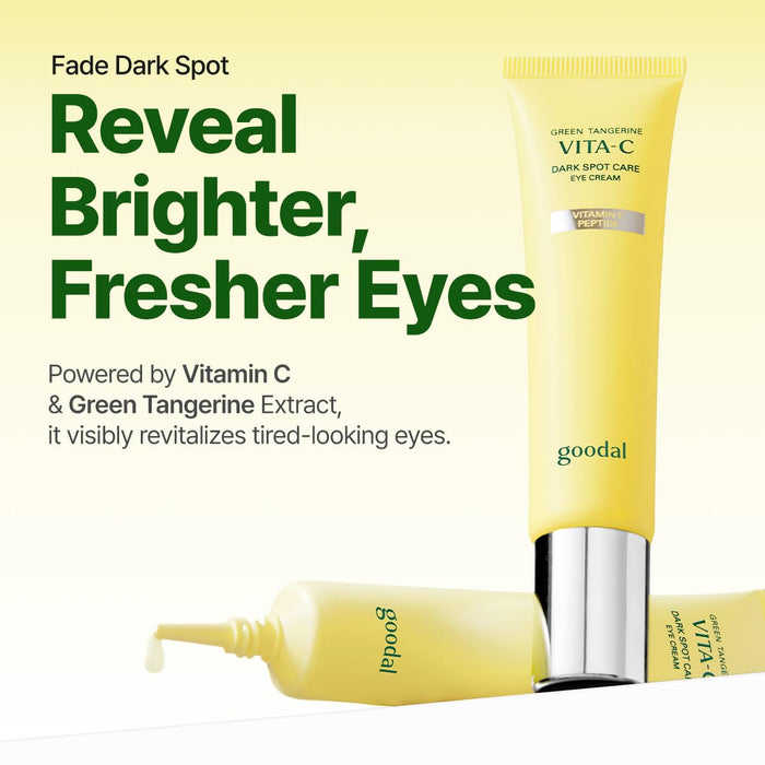 Goodal eye cream tube with text highlighting benefits on a white background
