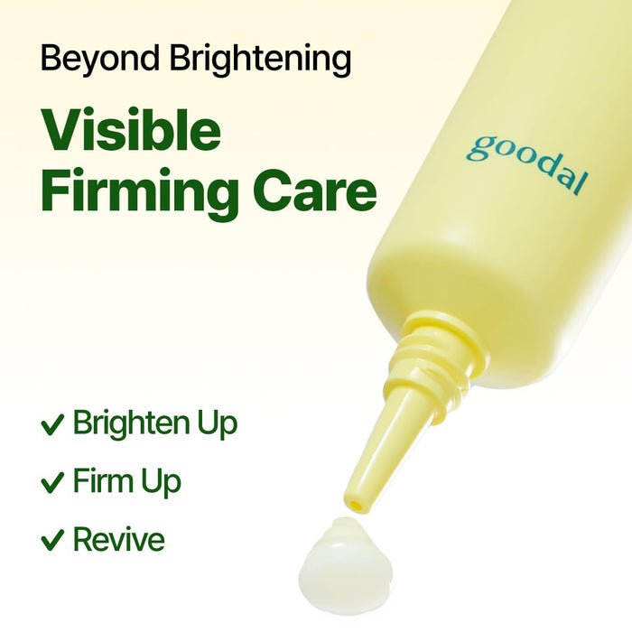 Goodal skincare product with text highlighting visible firming care benefits on a white background