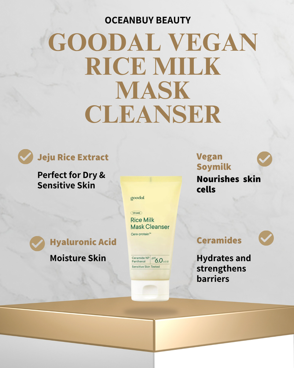 Goodal Vegan Rice Milk Mask Cleanser tube displayed on a gold pedestal against a light marble background, with text highlighting key ingredients and benefits from Oceanbuy Beauty.