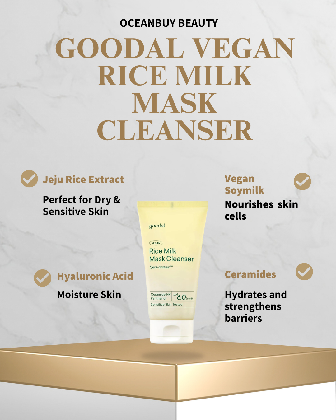 Goodal Vegan Rice Milk Mask Cleanser tube displayed on a gold pedestal against a light marble background, with text highlighting key ingredients and benefits from Oceanbuy Beauty.