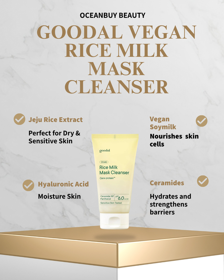 Goodal Vegan Rice Milk Mask Cleanser tube displayed on a gold pedestal against a light marble background, with text highlighting key ingredients and benefits from Oceanbuy Beauty.