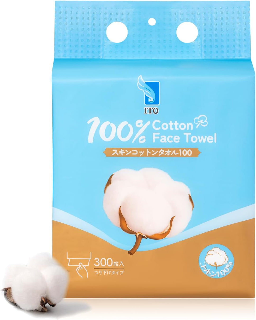 Pack of ITO 100% Cotton Face Towels with cotton illustration on a white background