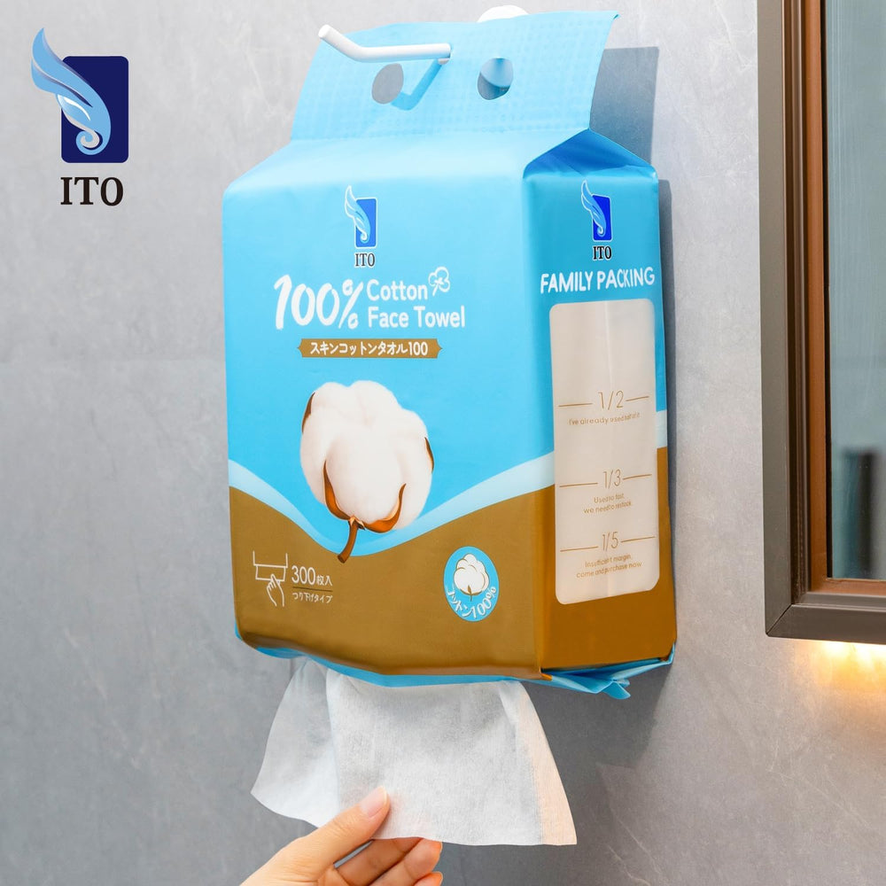 ITO 100% Cotton Face Towel packaging with a hand holding a towel against a gray wall.